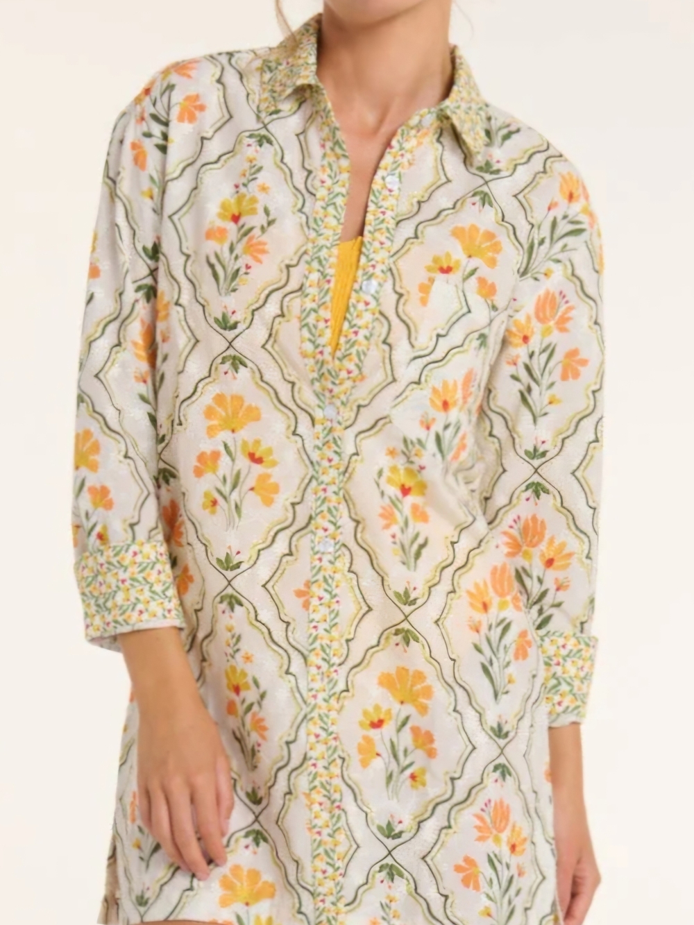 Hermoza Floral Cotton Tunic Dress in White with Yellow & Green